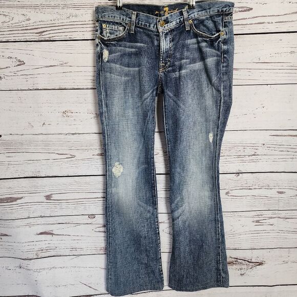 7 For All Mankind 7FAM Low Rise Flare Distressed Jeans 32 x 31.5 - Picture 1 of 13
